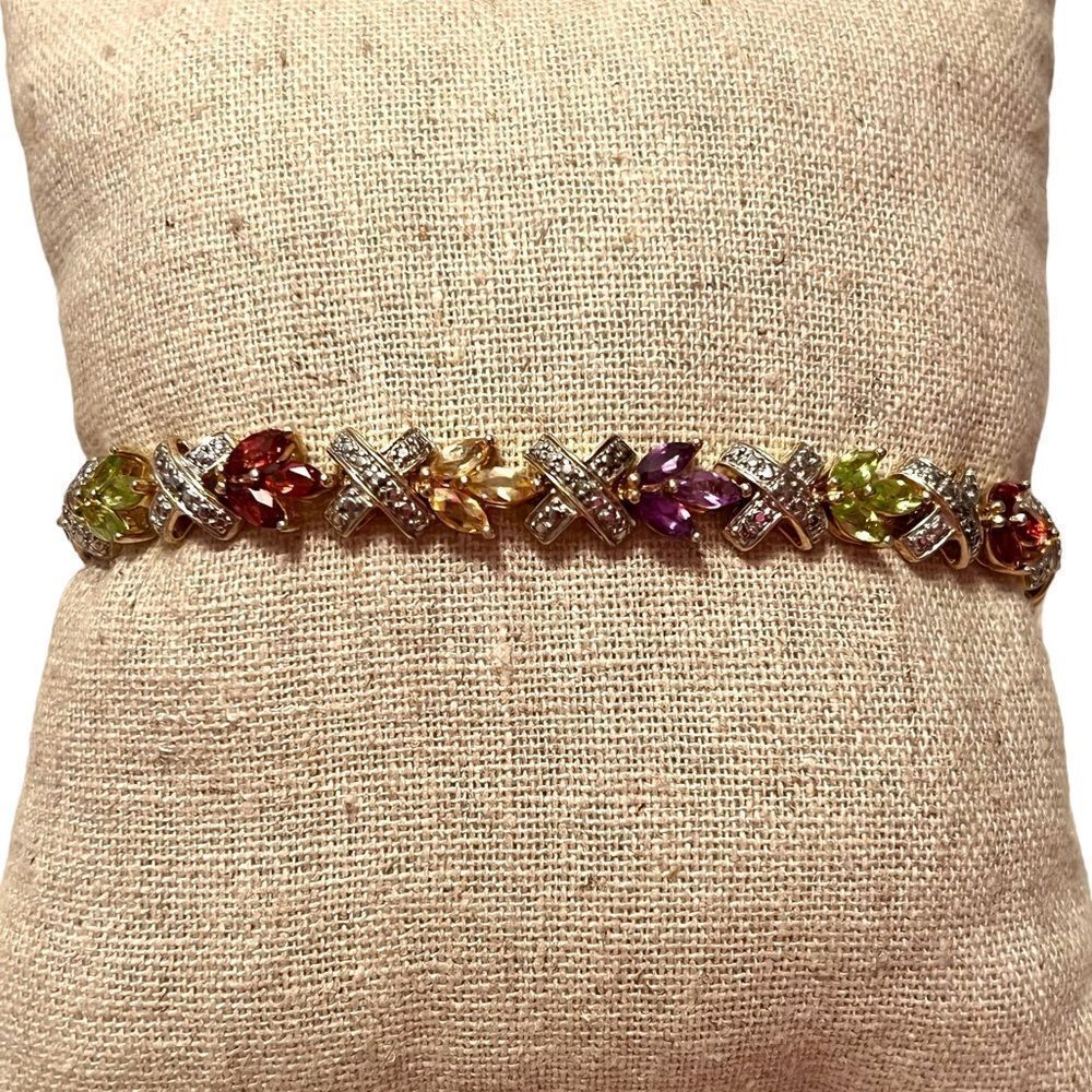 Multi Gemstone Gold Plated Sterling Silver Tennis Bracelet